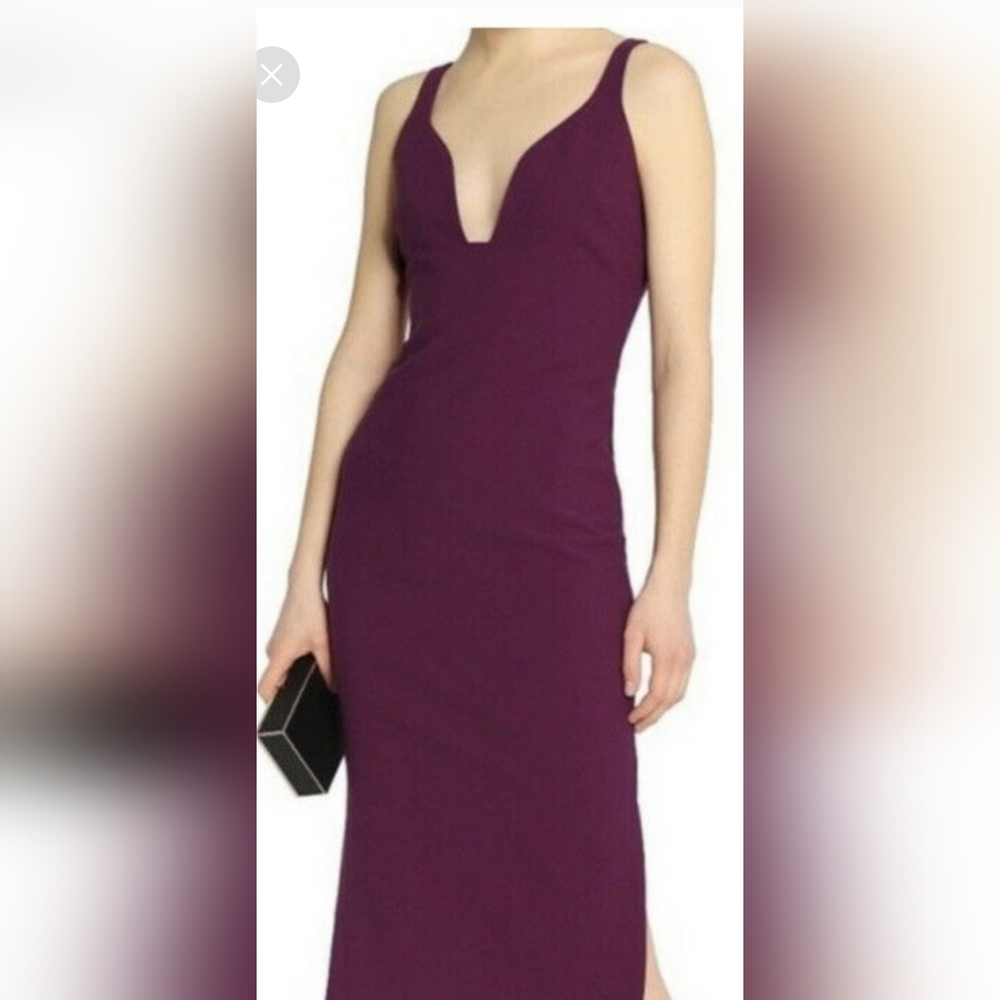 Cinq a sept, purple plunging v neck bodycon dress.